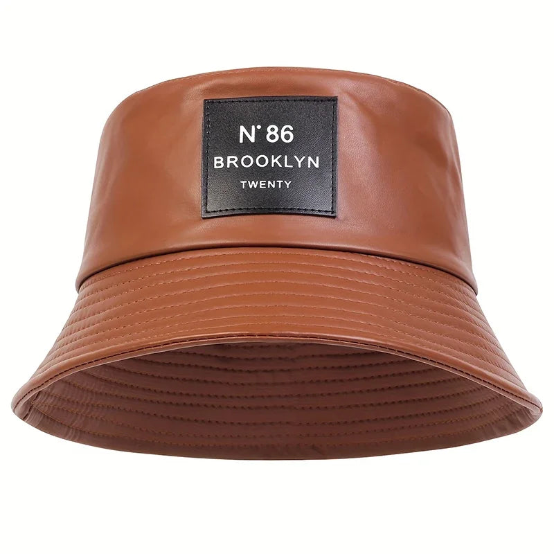 Unisex Brooklyn Panama Bucket Hat PU Leather Fisherman Hat Outdoor Travel Sunscreen Hats for Men Women