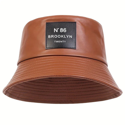 Unisex Brooklyn Panama Bucket Hat PU Leather Fisherman Hat Outdoor Travel Sunscreen Hats for Men Women