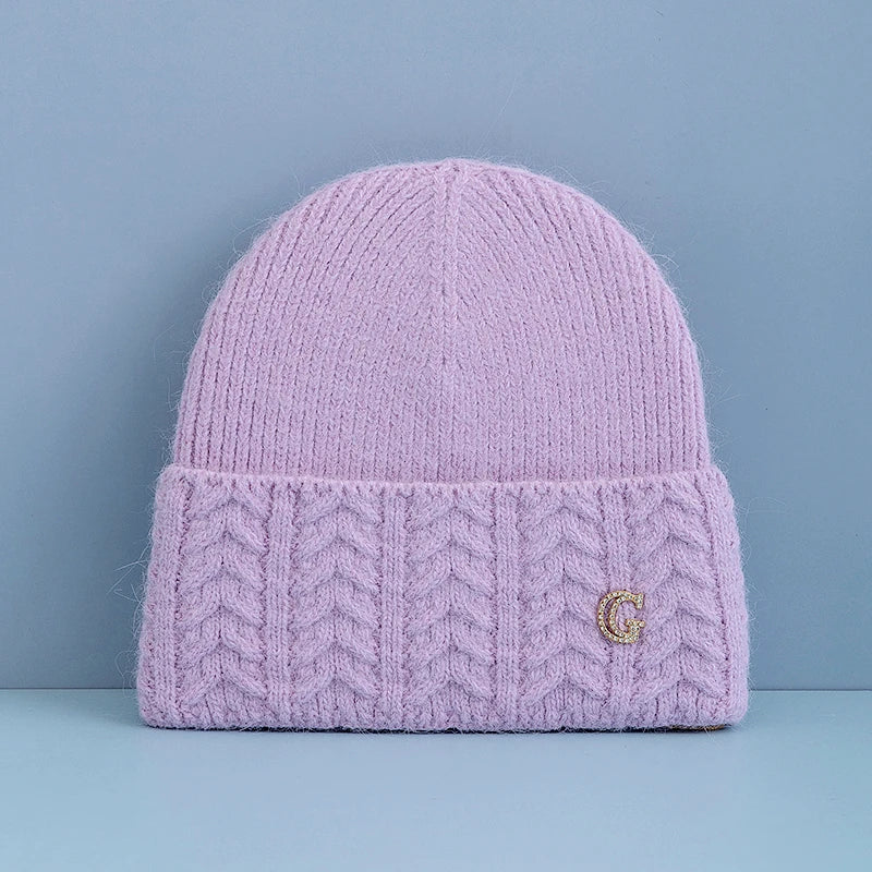 New Style Simple Chic Winter Hat G Letter Decor Rabbit Fur Beanie Elegant Winter Hats For Women Candy Colors Warm Knit Hats