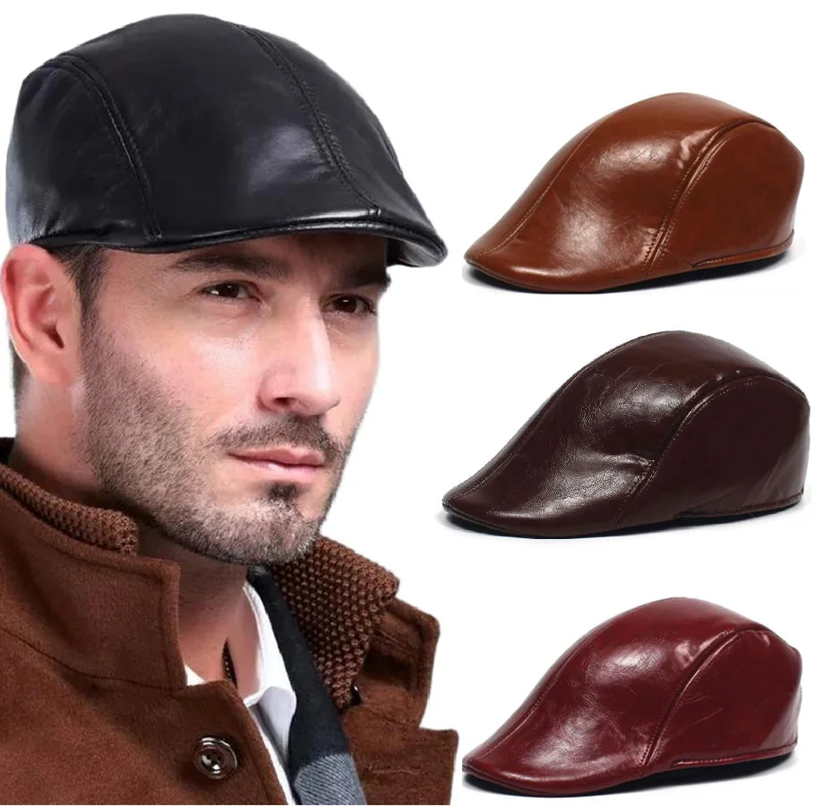 Fall Winter Men Beret Pu Plaid Peaked Forward Cap for The Middle Elderly Men Dad Grandpa Thick Ear Protection Military Hat Beret