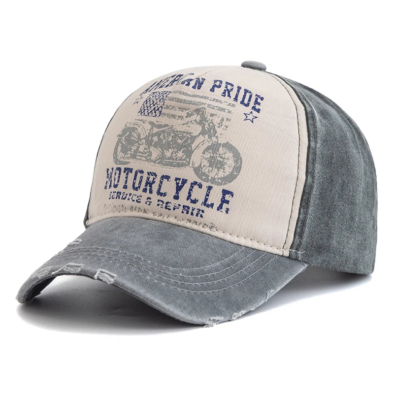 New Motorcycle Printing Baseball Cap Vintage Color Block Washed Cap Adjustable Dad Hats for Women Men