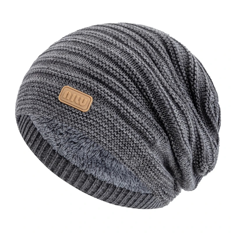 New Style Unisex Slouchy Winter Hats Men Women Striped Mix Warm Beanie Cap NIU Label Decor Plush Fur Lined Winter Knitted Hat