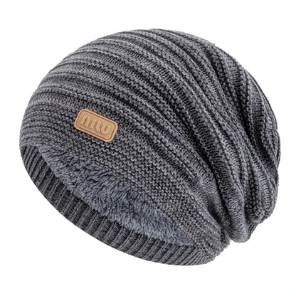 New Style Unisex Slouchy Winter Hats Men Women Striped Mix Warm Beanie Cap NIU Label Decor Plush Fur Lined Winter Knitted Hat