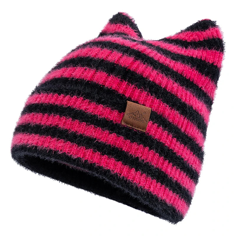 New Style Lovely Hat Cat Ear Beanie Cap Winter Hats For Women Y2K All Stripes Fashion Outdoor Warm Hat Beanie Warm Cap For Girl