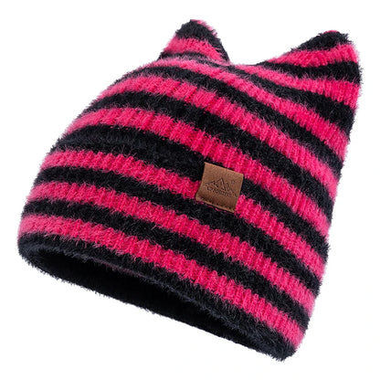 New Style Lovely Hat Cat Ear Beanie Cap Winter Hats For Women Y2K All Stripes Fashion Outdoor Warm Hat Beanie Warm Cap For Girl