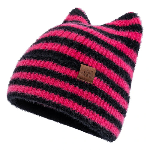 New Style Lovely Hat Cat Ear Beanie Cap Winter Hats For Women Y2K All Stripes Fashion Outdoor Warm Hat Beanie Warm Cap For Girl
