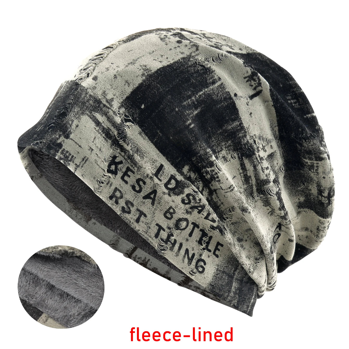 Winter Warm Fleece-lined Beanie Hat For Women Men Vintage Letter Print Distressed Cracked Design Beanie Outdoor Sport Casual Hat