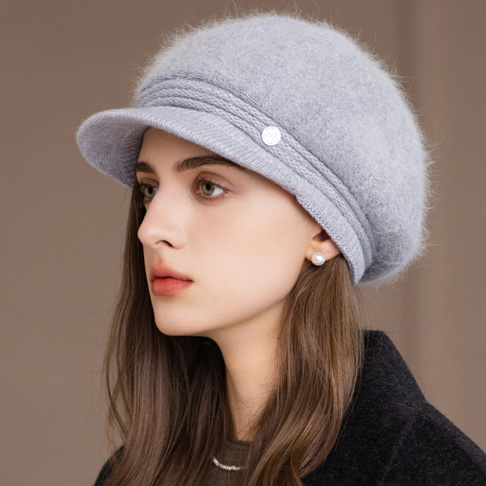 New Women Fashion Winter Hat With Brim Plush Fur Lined Chic Hats For Women Casual Rabbit Fur Blend Streetwear Knitted Cap