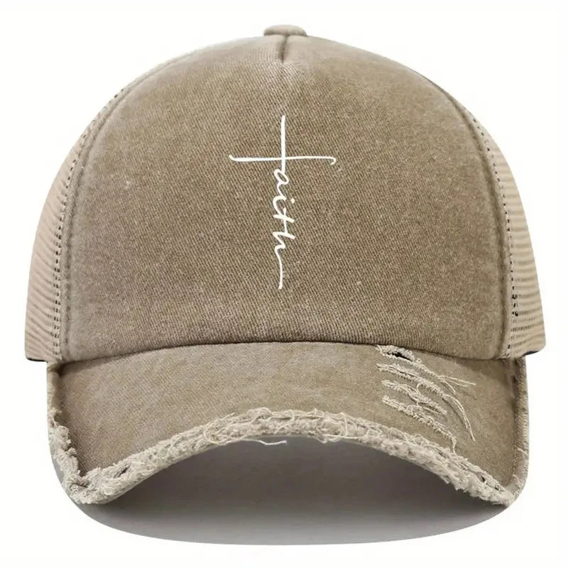Sponge Washed Cotton Faith Print Baseball Cap Women Men Summer Mesh Breathable Trucker Duckbill Hat For Outdoor Tourism Leisur