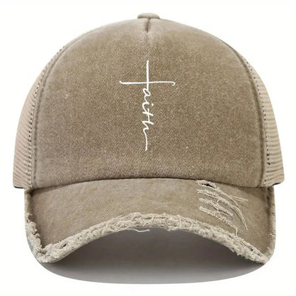 Sponge Washed Cotton Faith Print Baseball Cap Women Men Summer Mesh Breathable Trucker Duckbill Hat For Outdoor Tourism Leisur