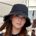 Durable Unisex Denim Bucket Hat - Frayed Brim, Cotton Basin, Foldable, Casual Fisherman Cap Style for Women and Men, Trendy
