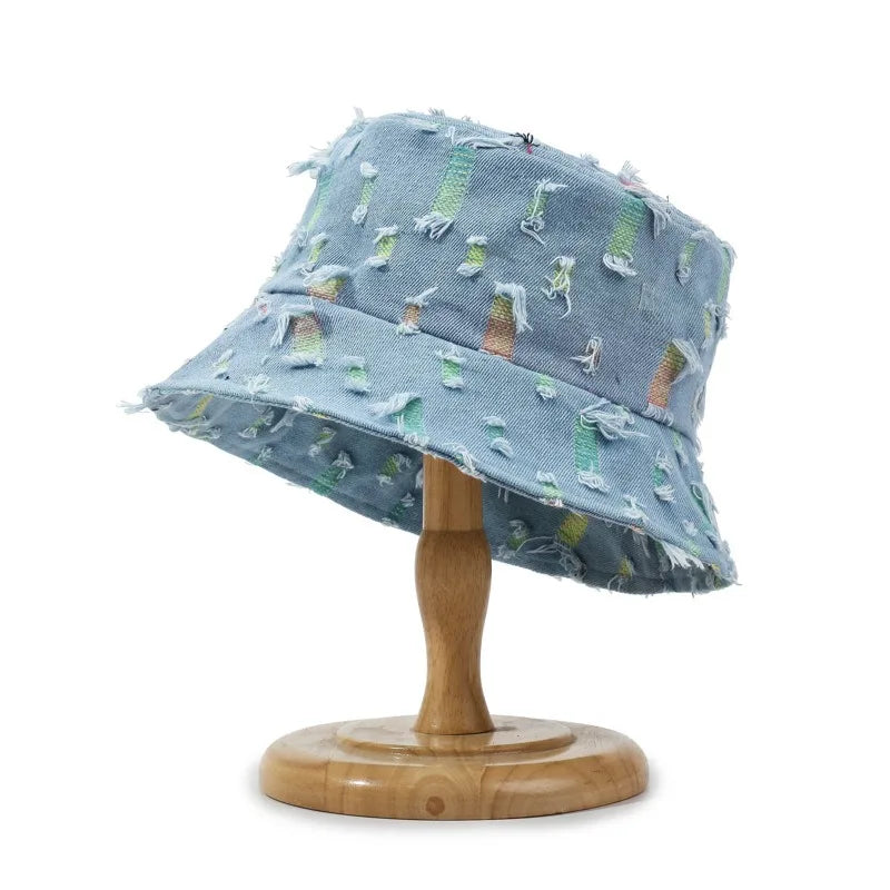 Fashion Women Men Washed Denim Ripped Bucket Hats Cool Lady Male Outdoor Panama Fisherman Cap Sun Hat For Women Men