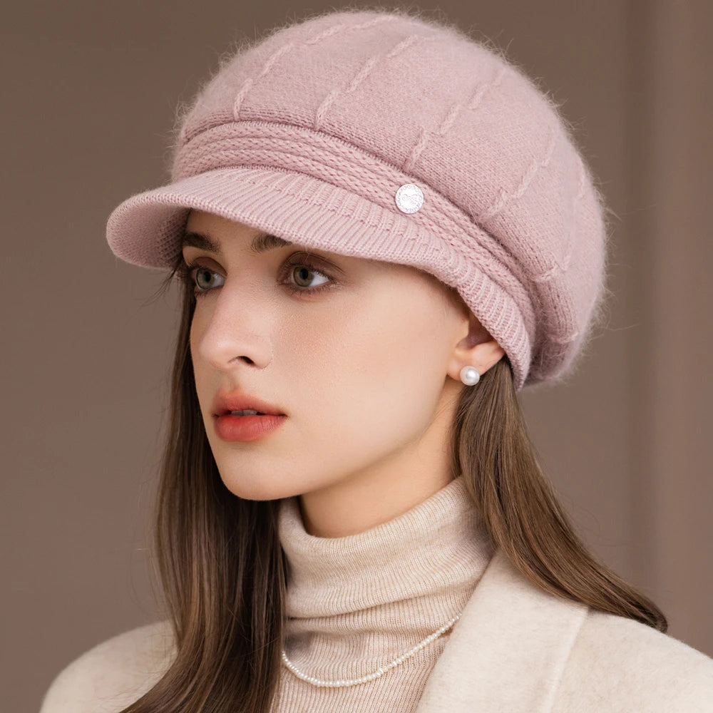 New Women Fashion Winter Hat With Brim Plush Fur Lined Chic Hats For Women Casual Rabbit Fur Blend Streetwear Knitted Cap