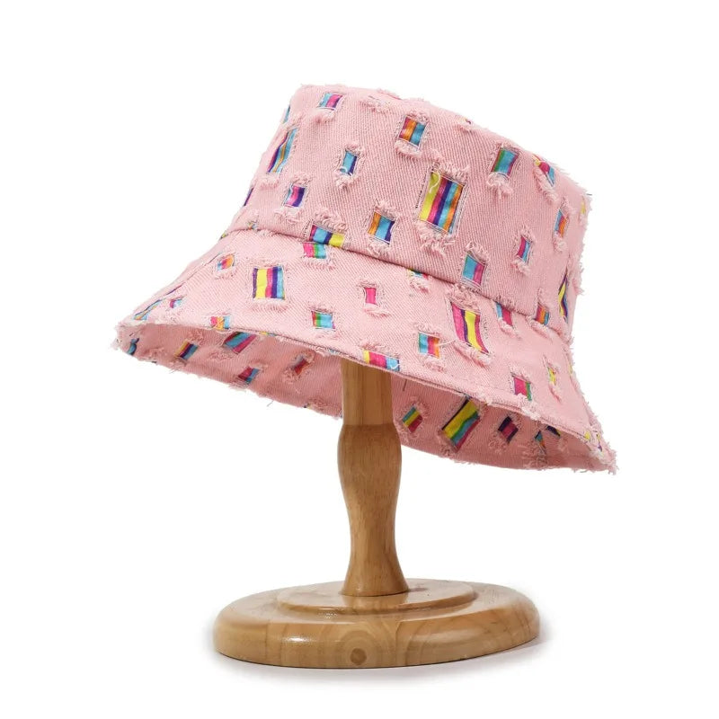 Fashion Women Men Washed Denim Ripped Bucket Hats Cool Lady Male Outdoor Panama Fisherman Cap Sun Hat For Women Men
