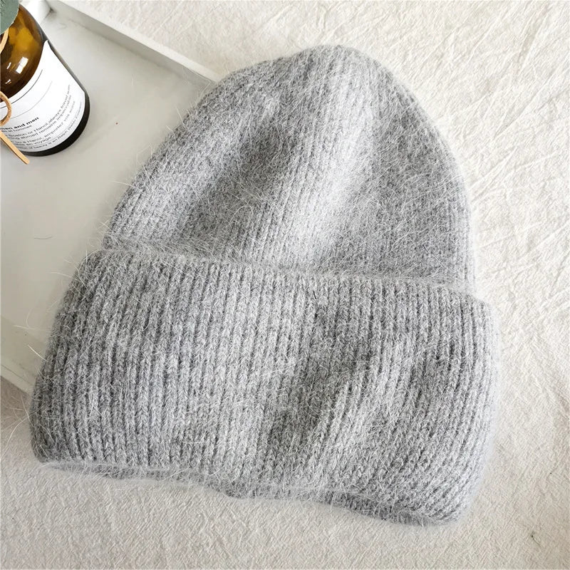 Fashion Warm Cashmere Wool Skullies Cap Angola Rabbit Fur Winter Knitted Beanies Women Female Ski Outdoor Solid Color Hats