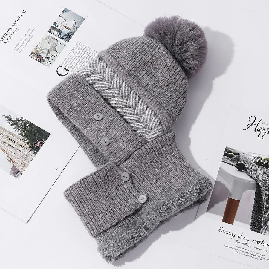 New Style Female Pompoms Winter Hats Plush Fur Lined Keep Warm Winter Hat Women Windproof Coldproof Thicken Balaclava Cap