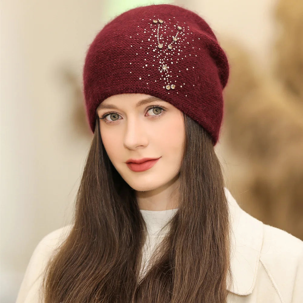 New Women Winter Hat Fashion Decorate Beanie Hat Rabbit Fur Blend Warm Winter Cap For Female Casual Streetwear Knitted Hat