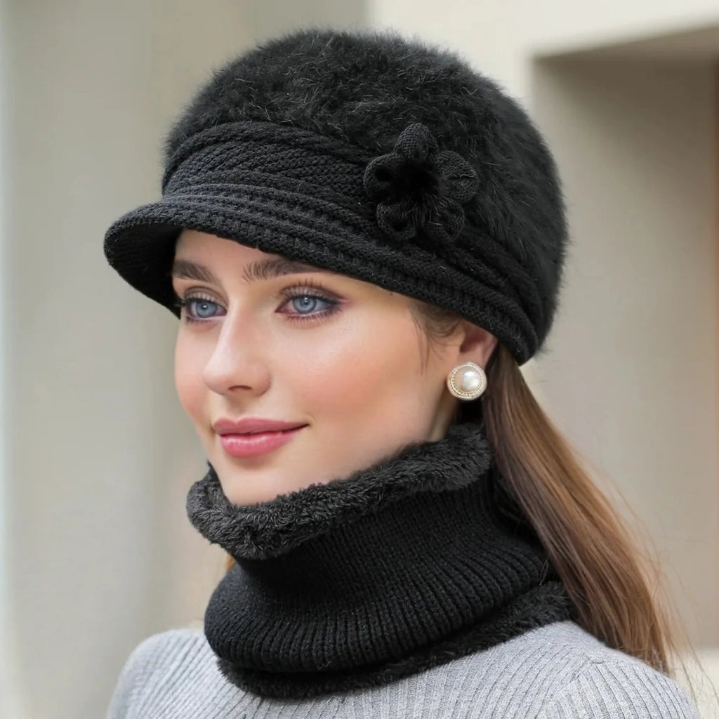 Hot Sale Women Keep Warm Hat Suit Fashion Plush Fur Lined Winter Caps Set Outdoor Faux Fur Knitted Hats
