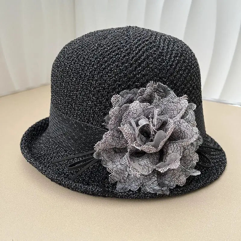 Hat for Women's New Summer Round Top Curled Edge Top Hat Sun Protection BreathabeMiddle-aged and Elderly Mothers Sun Hat Party