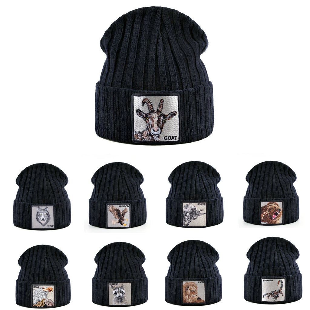 Unisex Black Beanie Hat With Animals Embroidery Patch Knitted Skull Cap For Men Women For Autumn Winter Streetwear Bonnet Hats