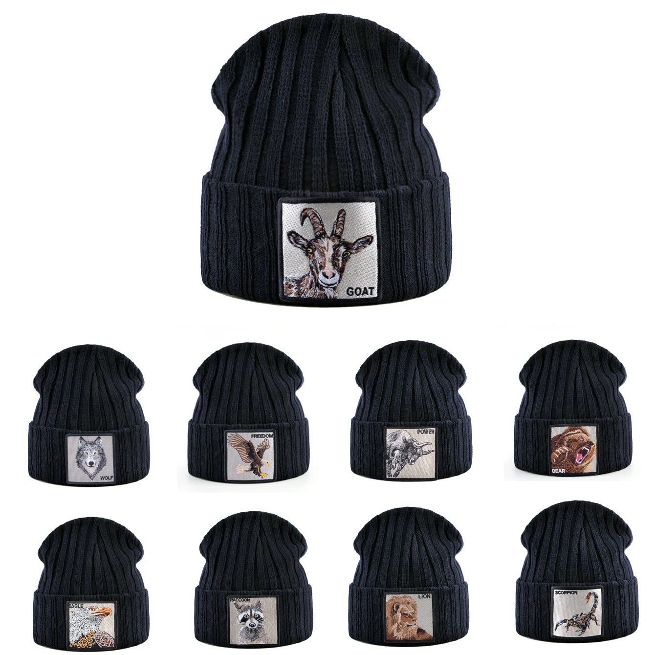 Unisex Black Beanie Hat With Animals Embroidery Patch Knitted Skull Cap For Men Women For Autumn Winter Streetwear Bonnet Hats