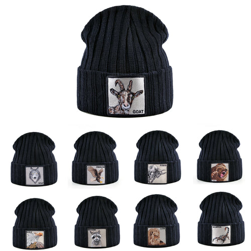 Unisex Black Beanie Hat With Animals Embroidery Patch Knitted Skull Cap For Men Women For Autumn Winter Streetwear Bonnet Hats