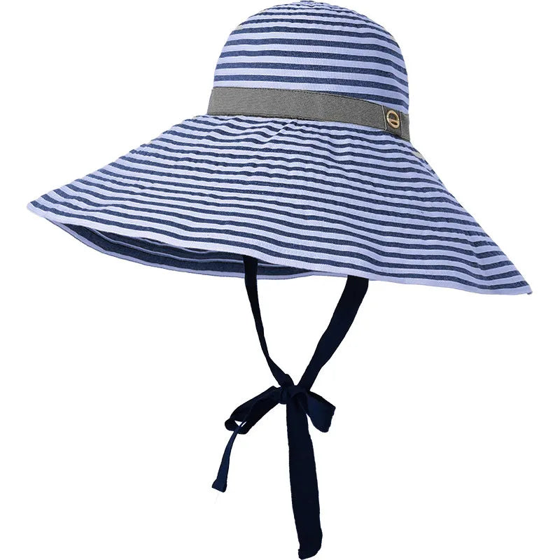 Korean Version Stripe Wide Edge Strap Bucket Hat Sunscreen Hat Women's Basin Hats Summer Big Brim Showing Face Small Sun Hats
