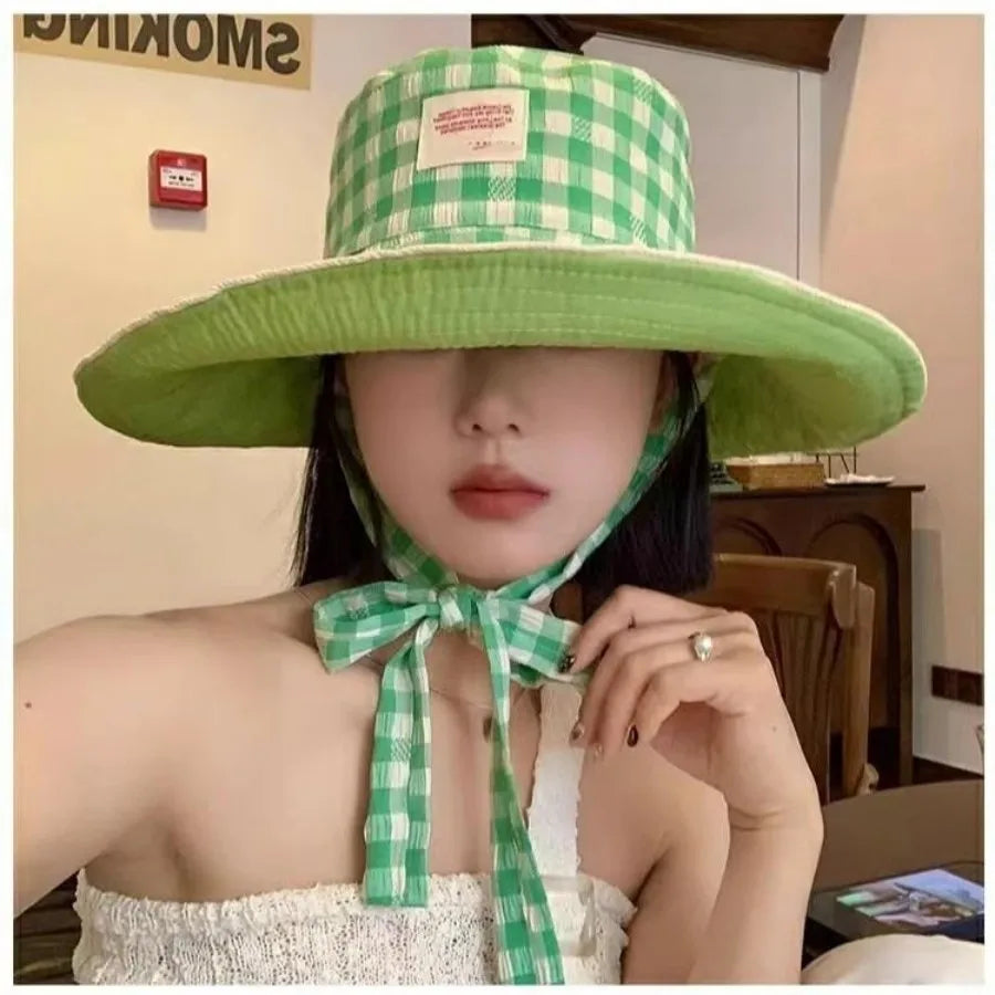 Korean Version Stripe Wide Edge Strap Bucket Hat Sunscreen Hat Women's Basin Hats Summer Big Brim Showing Face Small Sun Hats