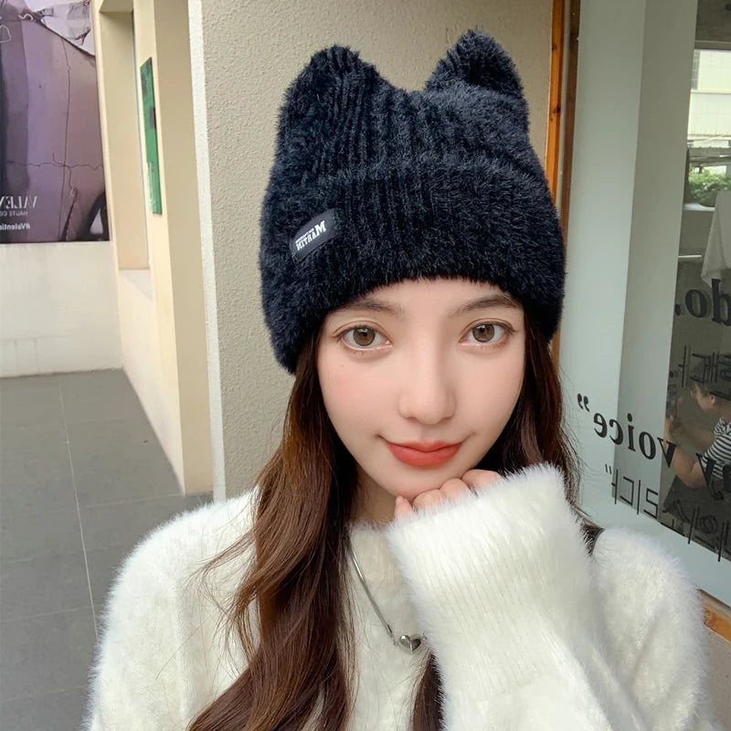 New Women Cute Cat Ear Earflap Winter Hat Fashion Faux Fur Knitted Hat Kpop Style Soft Beanie Hats Candy Female Streetwear Cap
