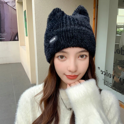 New Women Cute Cat Ear Earflap Winter Hat Fashion Faux Fur Knitted Hat Kpop Style Soft Beanie Hats Candy Female Streetwear Cap