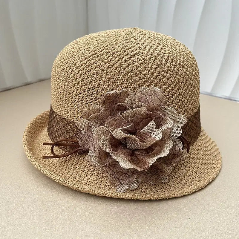Hat for Women's New Summer Round Top Curled Edge Top Hat Sun Protection BreathabeMiddle-aged and Elderly Mothers Sun Hat Party