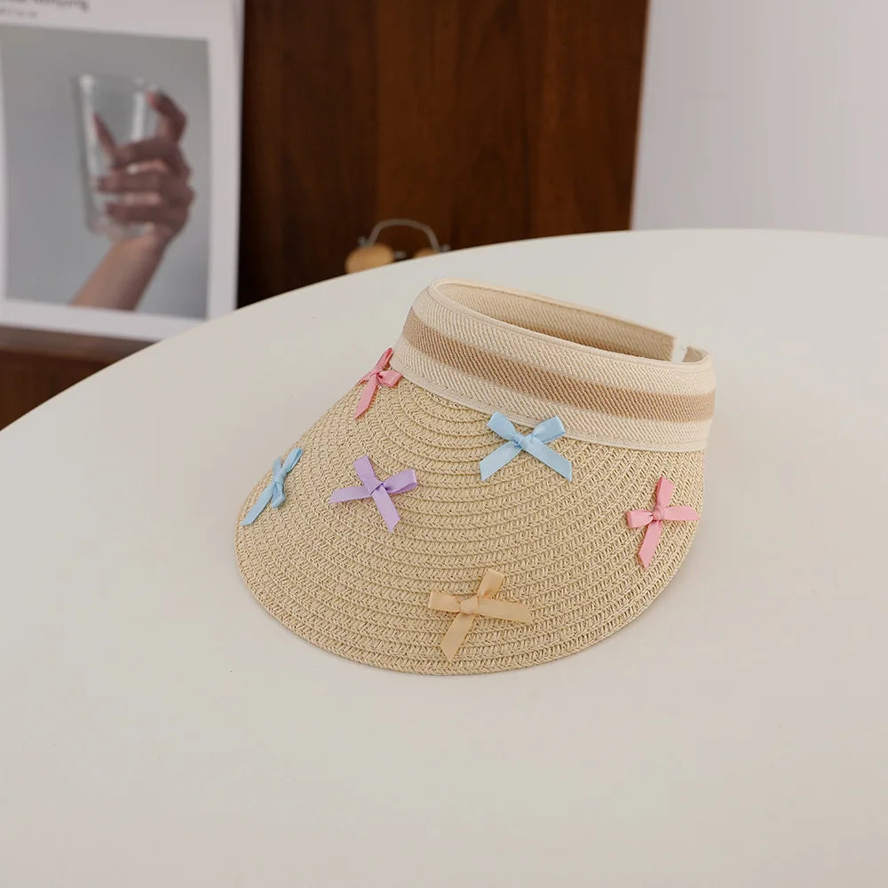 Girl Baby Summer Straw Hat Casual Bowknot Large Brim Sun Visor Cap Outdoor Beach Sunscreen Top Empty Sun Hats Cute Baseball Caps