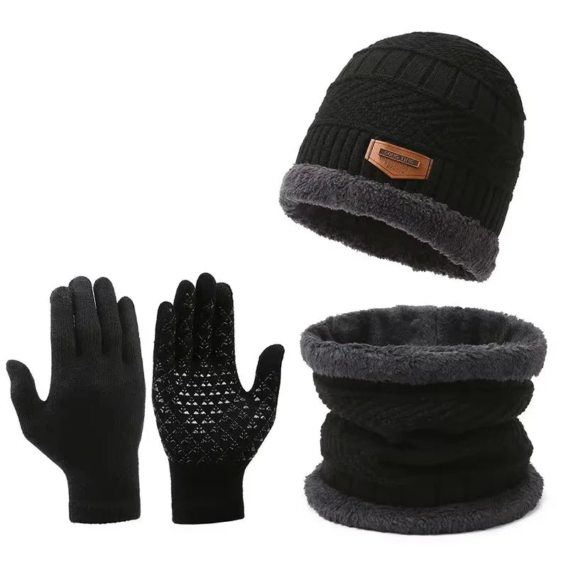3pcs Winter Warm Set Velvet Knit Hat Scarf Gloves Unisex Outdoor Cold Weather Set