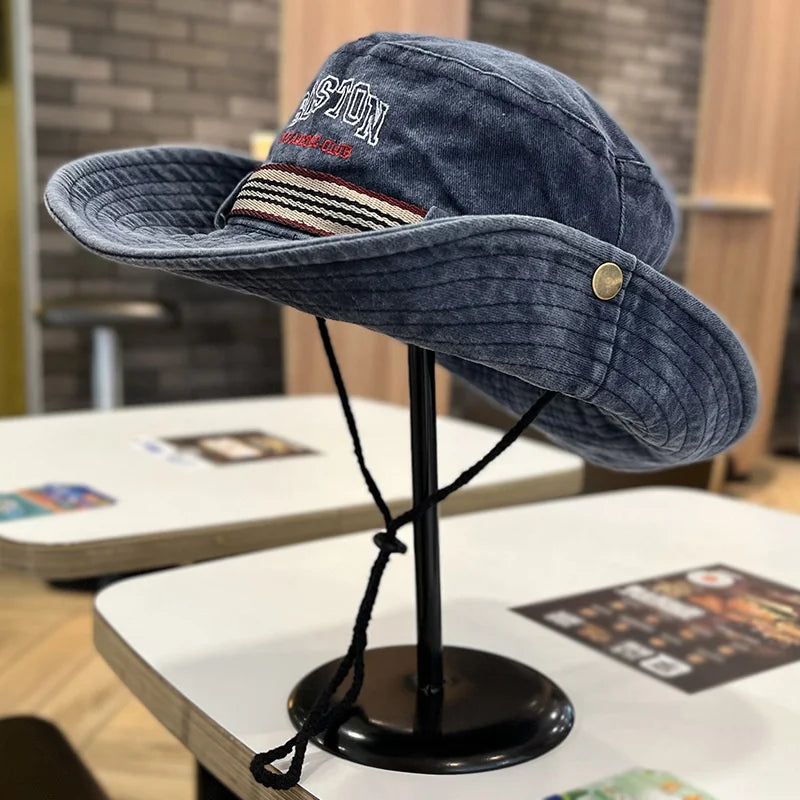 Unisex Washed Cotton Bucket Hat – Wide Brim UV Protection Panama Safari Hiking Sun Cap