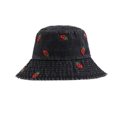 Spring Summer Strawberry Embroidery Denim  Bucket Hat Legent Fisherman Hats for Women Foldable Sport Sun Beach  Caps