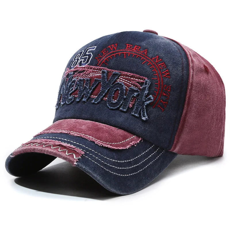 New York Embroidered Washed Distressed Baseball Cap, Polyester, Adjustable Snap Closure, Breathable, Inelastic