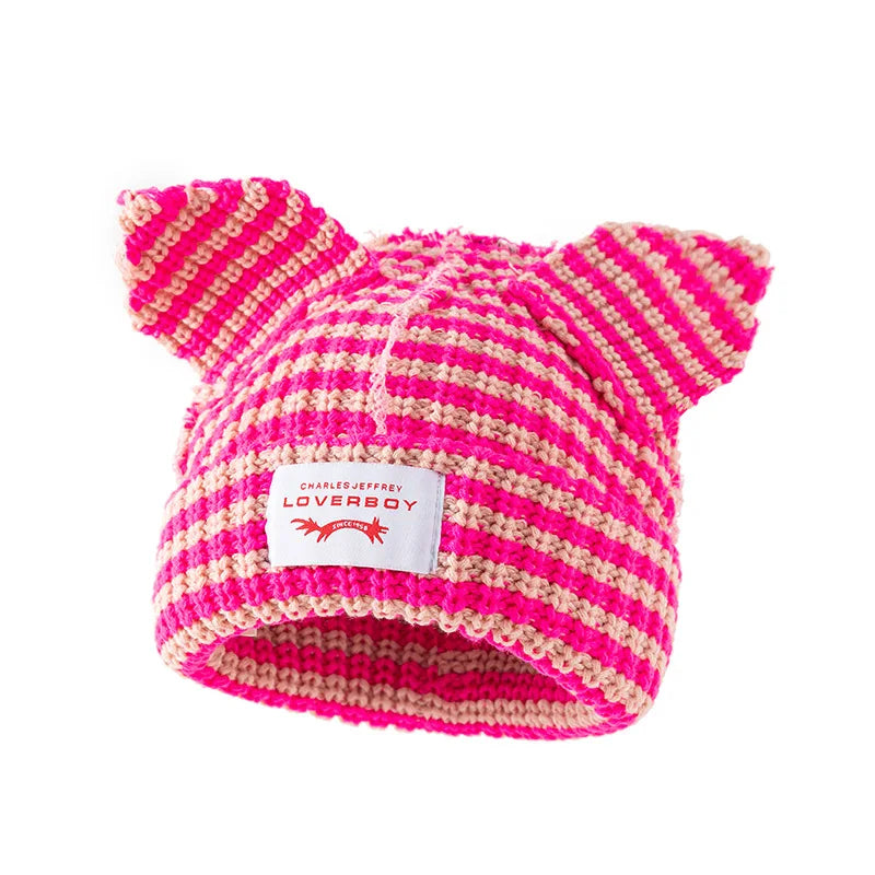 Stripe Knit Beanie Hats Cute Bunny Ears Grunge Cap Fluffy Winter Warm Knit Crochet Outdoor Slouchy Beanie Fashion Brand
