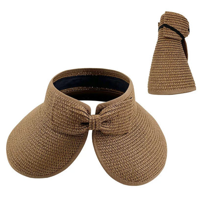 New Women Summer Visors Hat Foldable Wide Large Brim Bowknot Empty Top Straw Hats  chapeau femme Beach UV Protection Caps
