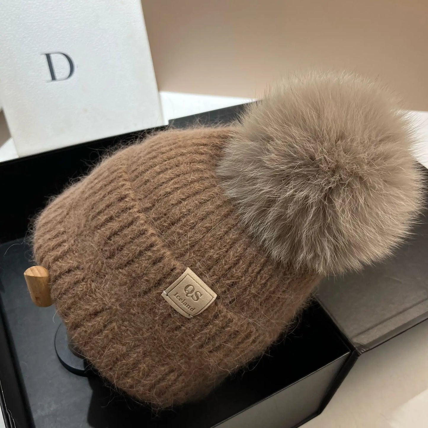 Winter Warm White Rabbit Fur Knitted Hat For Women 2025 Winter Beanie With Fox Fur Pompom Snow Outdoor Casual