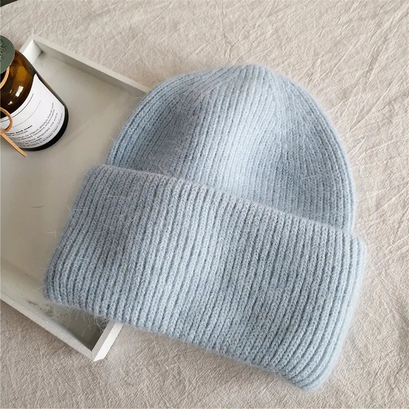 Fashion Warm Cashmere Wool Skullies Cap Angola Rabbit Fur Winter Knitted Beanies Women Female Ski Outdoor Solid Color Hats