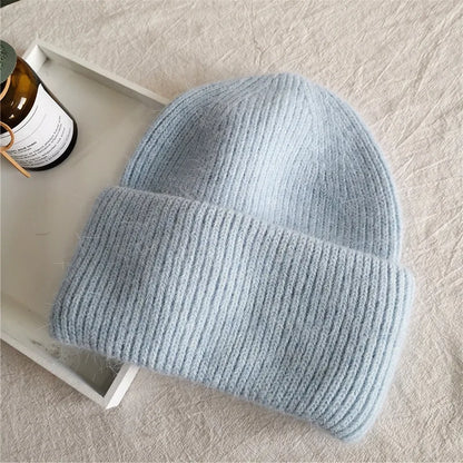 Fashion Warm Cashmere Wool Skullies Cap Angola Rabbit Fur Winter Knitted Beanies Women Female Ski Outdoor Solid Color Hats