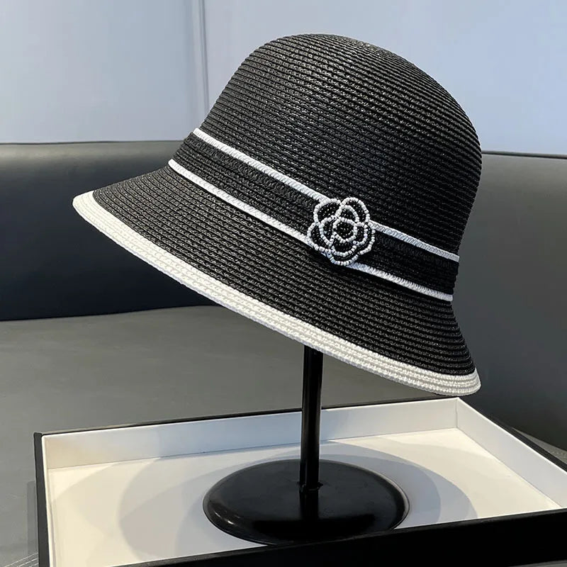 Women's New Straw Camellia Bucket Hat Spring and Summer Japanese Elegant Sunscreen Hat Straw Hat