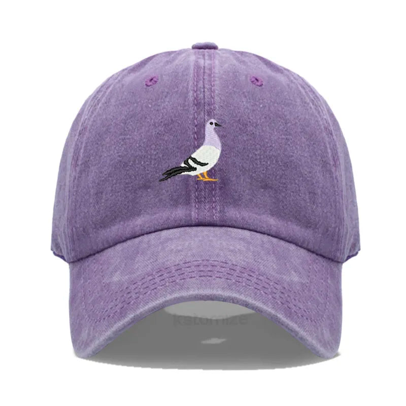 Pigeon Embroidery Baseball Cap for Women Men Fashion Adjustable Soft Washed Cotton Dad Hat Unisex Classic Golf Caps