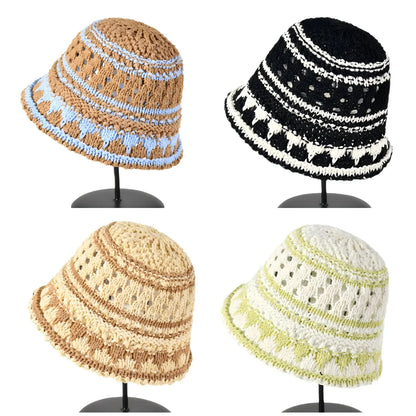 2025 New Summer Striped Solid Hollow out Bowl Hats for Women's Casual Korean Foldable Sun Hat  Bucket Hat Panama Travel Cap