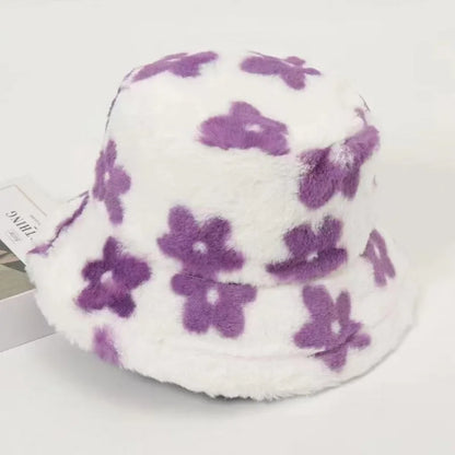 Fluffy Fur Women Bucket Hat Solid Flat Top, Outdoor Thick Warm Sun Hat for Men and Women