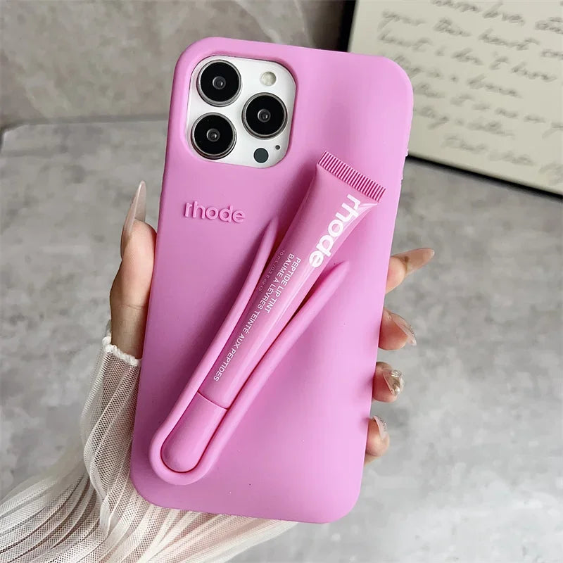 Rhode Lip Gloss iPhone Case – Silicone Makeup Phone Cover with Lipstick Holder