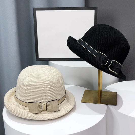 Bow Curling Hat Female Summer Sunshade Fisherman Hat Japanese Travel Breathable Sun Bucket Hat Grace Wedding Party Hat For Women