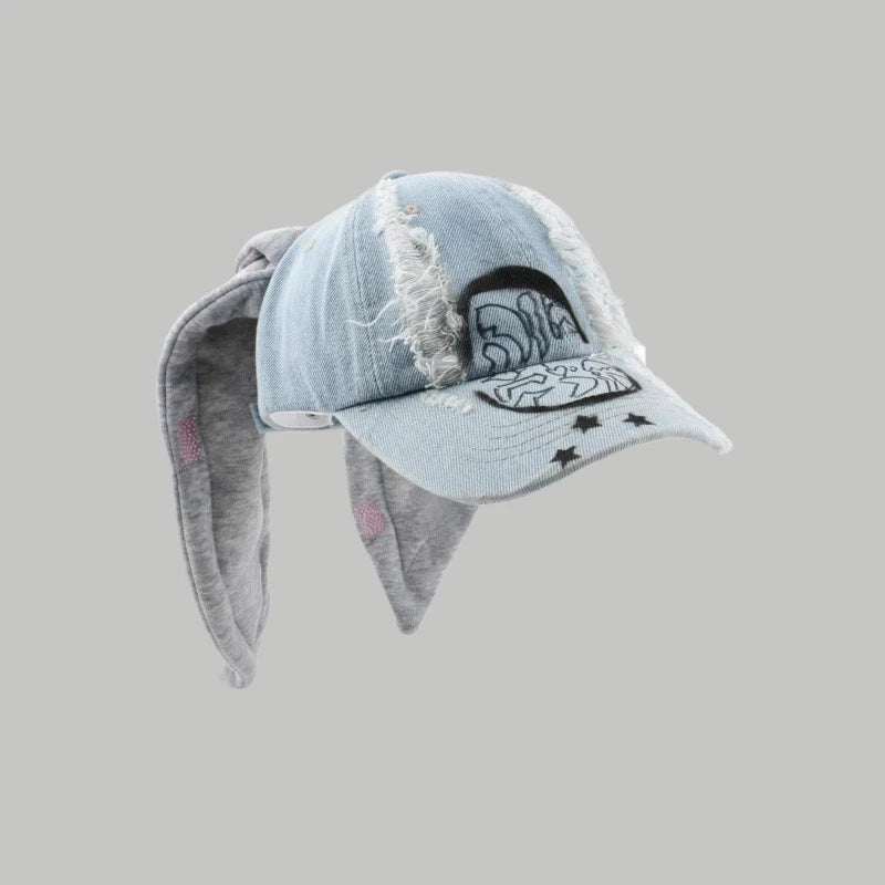 Dark Punk Rabbit Ears Peaked Hat Denim Hole Baseball Cap Women's Trendy Chain Hip-Hop Personalized Abby Style