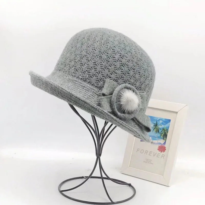 Woolen Bucket Hat Women's Autumn and Winter Bow Korean Version Versatile Japanese Dome Basin Hat British Retro Top Hat Tide