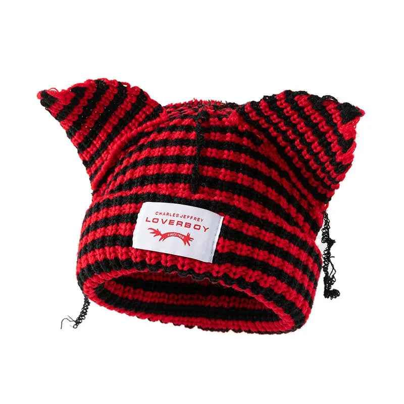 Stripe Knit Beanie Hats Cute Bunny Ears Grunge Cap Fluffy Winter Warm Knit Crochet Outdoor Slouchy Beanie Fashion Brand